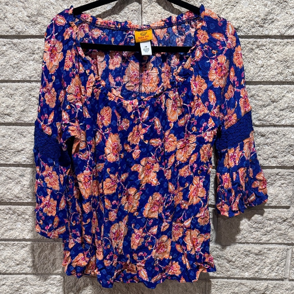 Ruby Rd Floral Blouse in Blue and Pink